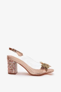 Hot Damskie buty S.Barski Transparentne Sandały Z Kwiatkami Na Zdobionym Obcasie D&A MR38-331 Różowe Złoto