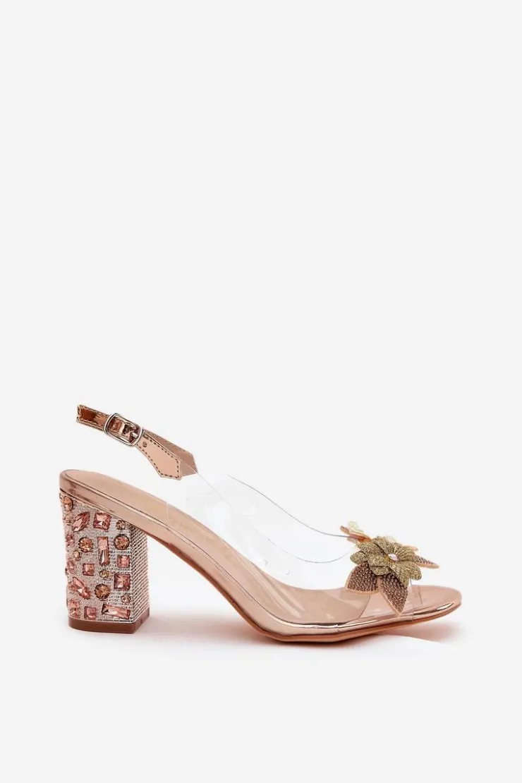 Hot Damskie buty S.Barski Transparentne Sandały Z Kwiatkami Na Zdobionym Obcasie D&A MR38-331 Różowe Złoto