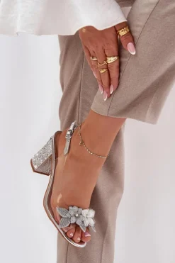 Damskie buty S.Barski Sandały Na Słupku|Sandały Na Obcasie*Transparentne Sandały Z Kwiatkami Na Zdobionym Obcasie D&A MR38-331 Srebrne