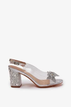 Damskie buty S.Barski Sandały Na Słupku|Sandały Na Obcasie*Transparentne Sandały Z Kwiatkami Na Zdobionym Obcasie D&A MR38-331 Srebrne