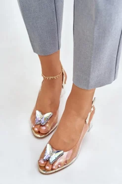 Damskie buty S.Barski Sandały Na Słupku|Sandały Na Obcasie*Transparentne Sandały Z Motylem Na Słupku D&A MR42-326 Złote