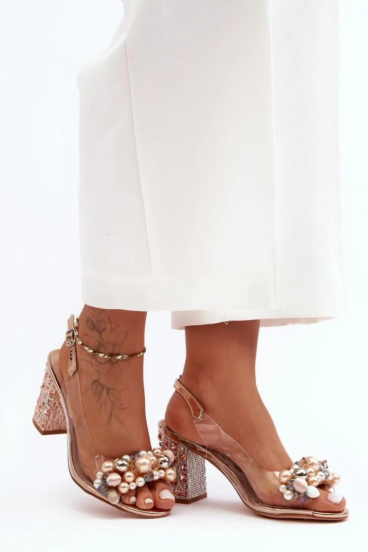 Damskie buty S.Barski Sandały Na Obcasie*Transparentne Stylowe Sandały Na Słupku Różowe Złoto S.Barski MR1037-17