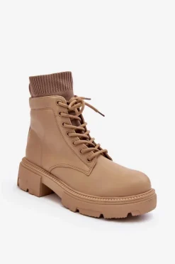 Boto Botki Ocieplane|Damskie Trapery*Trapery Botki Damskie Ze Skarpetą Beżowe Rivella Beżowy