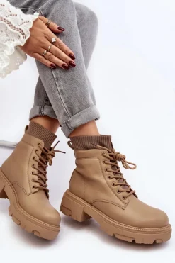 Boto Botki Ocieplane|Damskie Trapery*Trapery Botki Damskie Ze Skarpetą Beżowe Rivella Beżowy