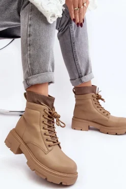 Boto Botki Ocieplane|Damskie Trapery*Trapery Botki Damskie Ze Skarpetą Beżowe Rivella Beżowy