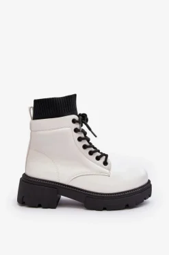 Boto Damskie Trapery|Botki Sznurowane*Trapery Botki Damskie Ze Skarpetą Biało-Czarne Rivella