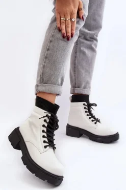 Boto Damskie Trapery|Botki Sznurowane*Trapery Botki Damskie Ze Skarpetą Biało-Czarne Rivella