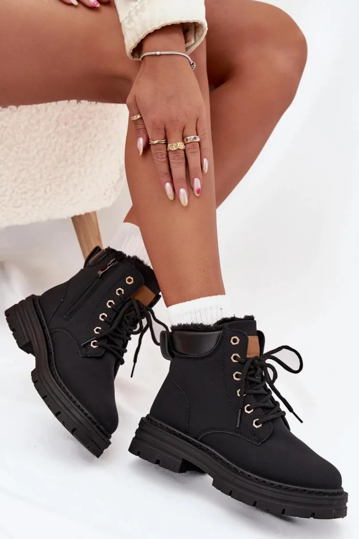 Clearance Boto Trapery Damskie Ocieplane Futerkiem Na Zamek Czarne Tharika Czarny