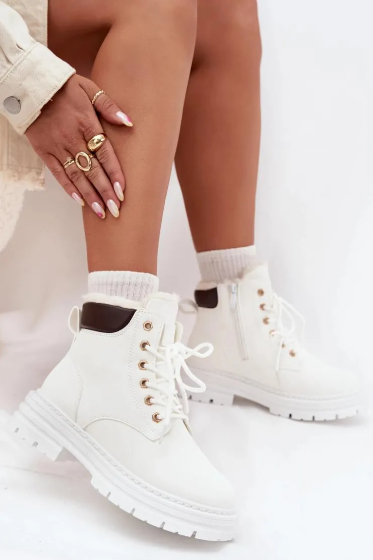Boto Botki Ocieplane|Damskie Trapery*Trapery Damskie Ocieplane Futerkiem Na Zamek Białe Tharika Biały
