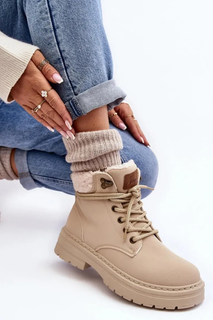 Boto Damskie Trapery|Botki Sznurowane*Trapery Damskie Skórzane Z Kożuchem Jasnobeżowe Lynnvia