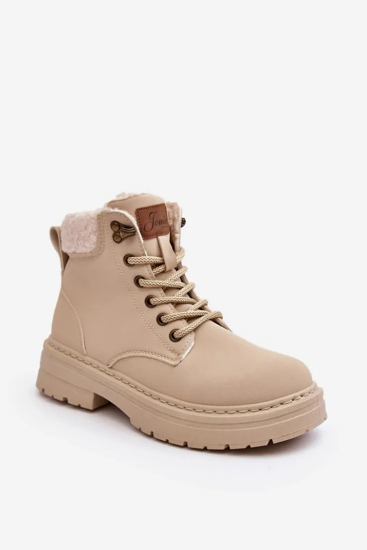 Boto Damskie Trapery|Botki Sznurowane*Trapery Damskie Skórzane Z Kożuchem Jasnobeżowe Lynnvia