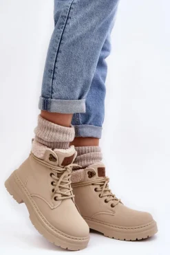 Boto Damskie Trapery|Botki Sznurowane*Trapery Damskie Skórzane Z Kożuchem Jasnobeżowe Lynnvia