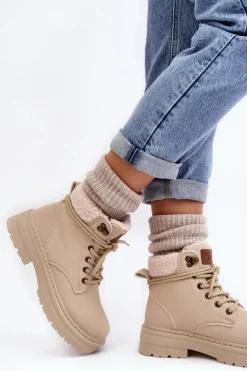 Boto Damskie Trapery|Botki Sznurowane*Trapery Damskie Skórzane Z Kożuchem Jasnobeżowe Lynnvia