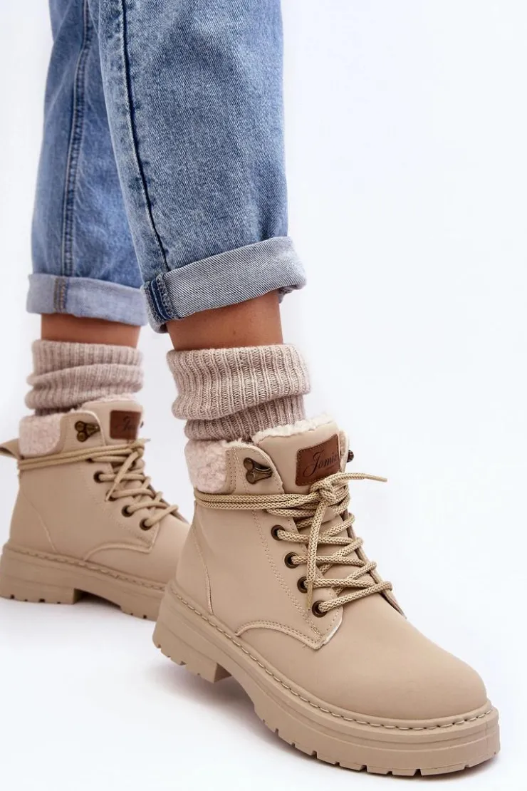 Boto Damskie Trapery|Botki Sznurowane*Trapery Damskie Skórzane Z Kożuchem Jasnobeżowe Lynnvia