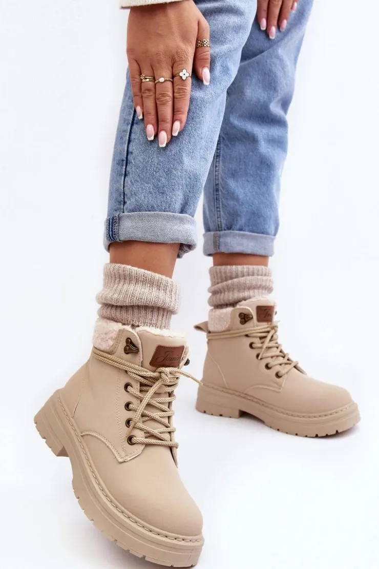 Boto Damskie Trapery|Botki Sznurowane*Trapery Damskie Skórzane Z Kożuchem Jasnobeżowe Lynnvia