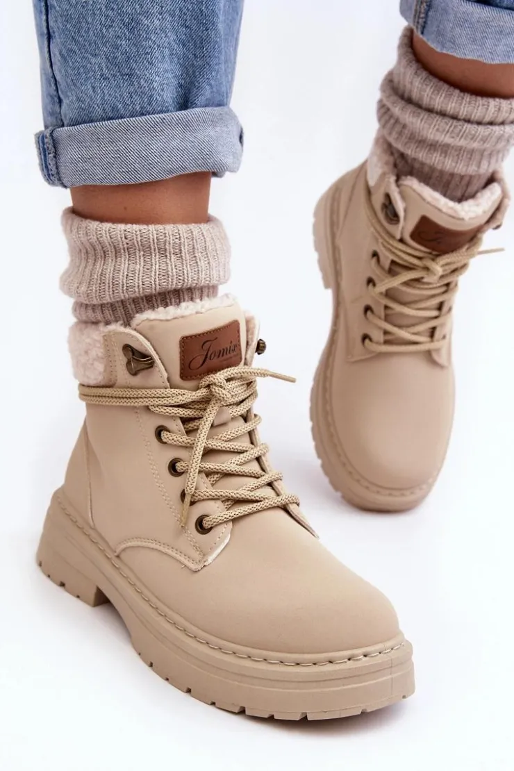 Boto Damskie Trapery|Botki Sznurowane*Trapery Damskie Skórzane Z Kożuchem Jasnobeżowe Lynnvia