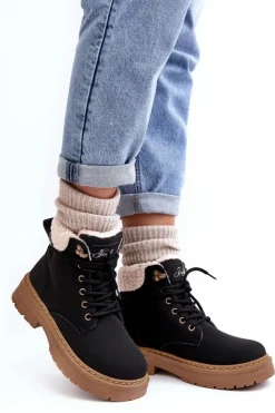 New Boto Trapery Damskie Skórzane Z Kożuchem Czarne Lynnvia