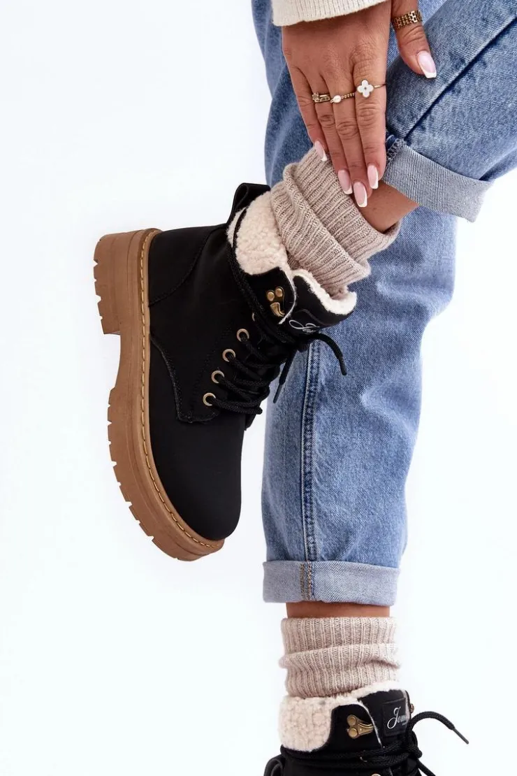 New Boto Trapery Damskie Skórzane Z Kożuchem Czarne Lynnvia