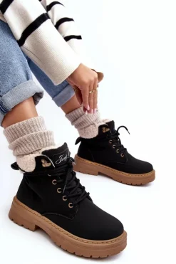 New Boto Trapery Damskie Skórzane Z Kożuchem Czarne Lynnvia