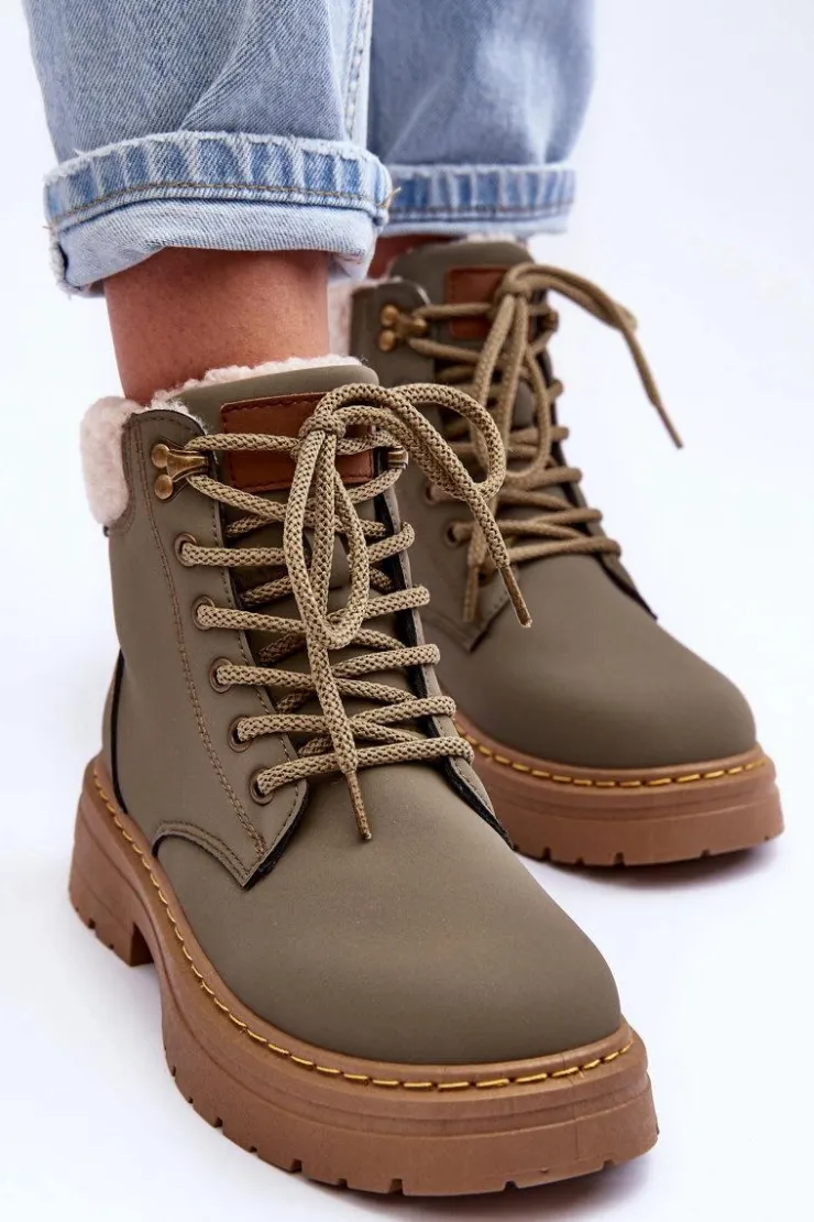 Boto Damskie Trapery|Botki Sznurowane*Trapery Damskie Z Kożuchem Zielone Jette