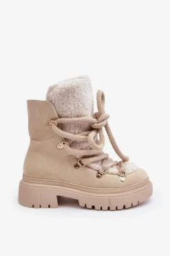 Sale Boto Trapery Śniegowce Damskie Z Wiązaniem Jasnobeżowe Shala