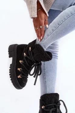 Damskie Boto Trapery Śniegowce Damskie Z Wiązaniem Czarne Shala