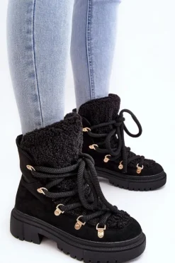 Damskie Boto Trapery Śniegowce Damskie Z Wiązaniem Czarne Shala