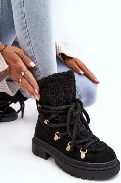 Damskie Boto Trapery Śniegowce Damskie Z Wiązaniem Czarne Shala