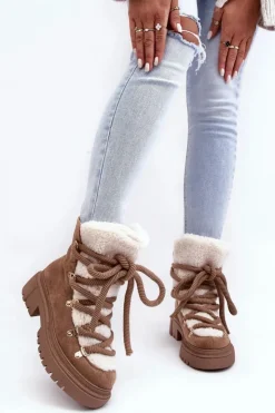 Damskie Boto Trapery Śniegowce Damskie Z Wiązaniem Beżowe Shala