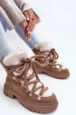 Damskie Boto Trapery Śniegowce Damskie Z Wiązaniem Beżowe Shala