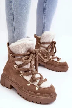 Damskie Boto Trapery Śniegowce Damskie Z Wiązaniem Beżowe Shala