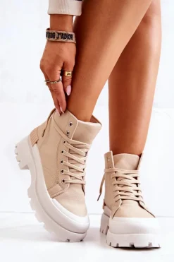 Boto Damskie Trapery|Botki Sznurowane*Trapery Wiązane Ciemnobeżowe Faithfull