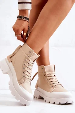 Boto Damskie Trapery|Botki Sznurowane*Trapery Wiązane Ciemnobeżowe Faithfull