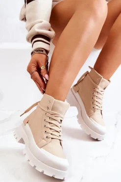 Boto Damskie Trapery|Botki Sznurowane*Trapery Wiązane Ciemnobeżowe Faithfull