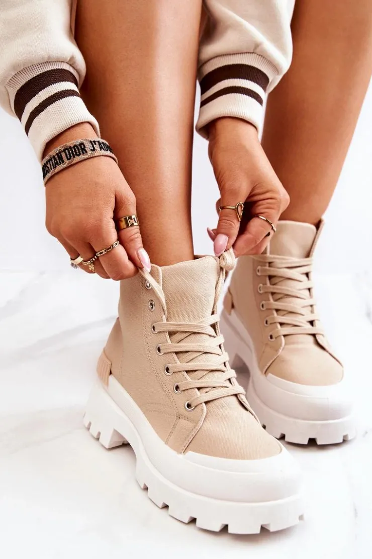 Boto Damskie Trapery|Botki Sznurowane*Trapery Wiązane Ciemnobeżowe Faithfull