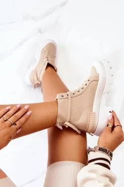 Boto Damskie Trapery|Botki Sznurowane*Trapery Wiązane Ciemnobeżowe Faithfull