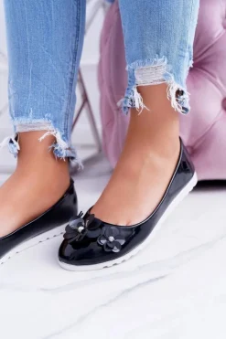New Boto Vices | Lakierowane Czarne Damskie Balerinki Z Kwiatkiem Neli