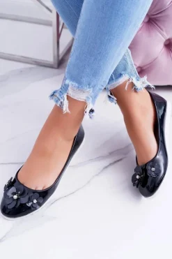 New Boto Vices | Lakierowane Czarne Damskie Balerinki Z Kwiatkiem Neli