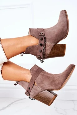 Boto Botki Wiosenne|Botki Na Słupku*Welurowe Botki Na Słupku Lewski Shoes 2880 Brązowe