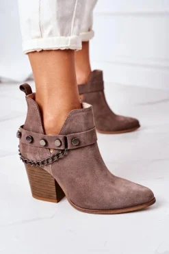 Boto Botki Wiosenne|Botki Na Słupku*Welurowe Botki Na Słupku Lewski Shoes 2880 Brązowe