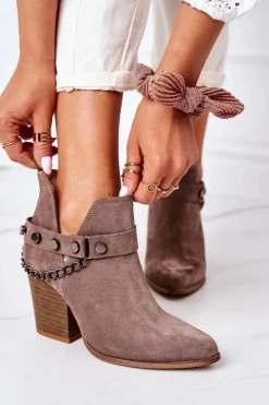 Boto Botki Wiosenne|Botki Na Słupku*Welurowe Botki Na Słupku Lewski Shoes 2880 Brązowe