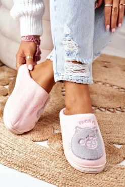 Boto Welurowe Papcie Z Kotem Różowo-Szare Good Morning