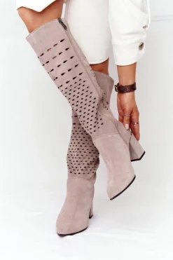 Best Boto Wiosenne Ażurowe Kozaki Lewski Shoes 2847/B Beżowe