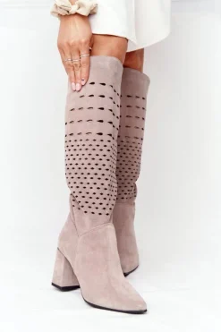 Best Boto Wiosenne Ażurowe Kozaki Lewski Shoes 2847/B Beżowe