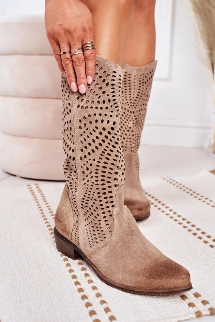 Damskie Boto Wiosenne Ażurowe Kozaki Zamszowe Exquisite 1229 Beżowe