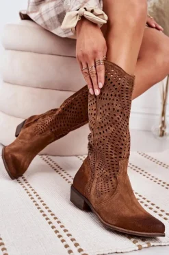 Boto Kozaki Ażurowe|Kozaki Zamszowe*Wiosenne Ażurowe Kozaki Zamszowe Exquisite 1229 Koniak