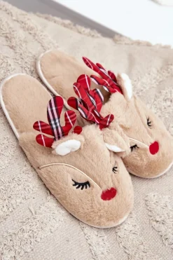 Boto Kapcie Klasyczne*Świąteczne Kapcie Z Motywem Renifera Beżowe Sylaia Beżowy