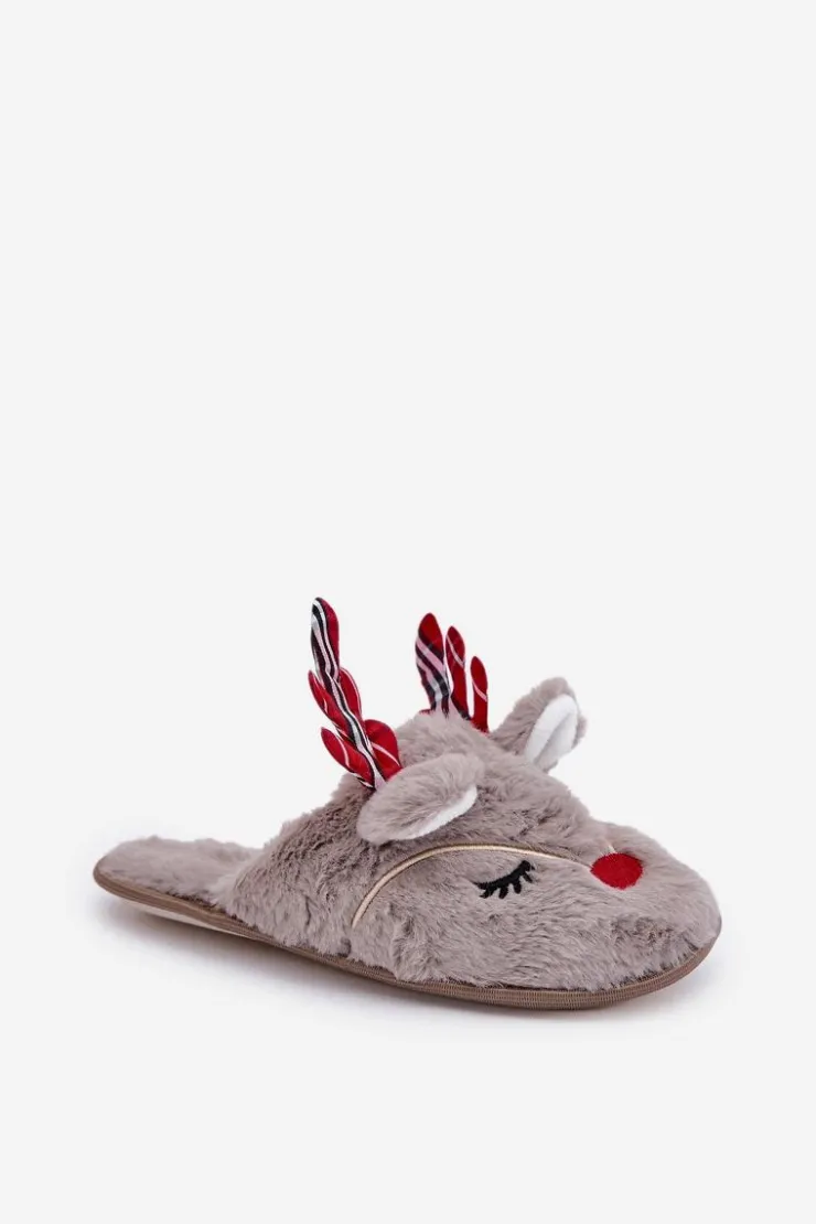 Damskie Boto Świąteczne Kapcie Z Motywem Renifera Ciemnobeżowe Sylaia