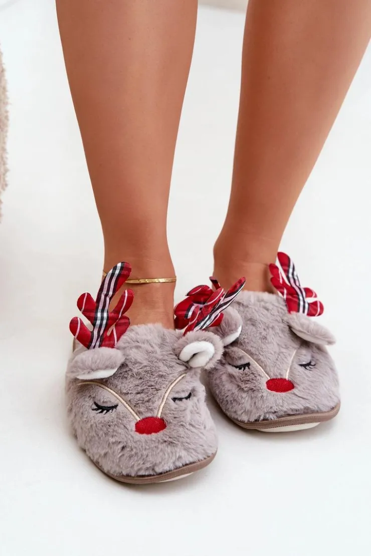 Damskie Boto Świąteczne Kapcie Z Motywem Renifera Ciemnobeżowe Sylaia