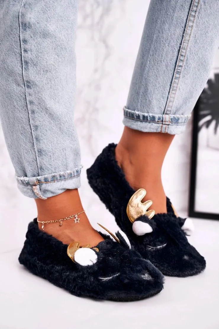 New Boto Świąteczne Ocieplane Futrzane Papcie Granatowe Jingle Bells